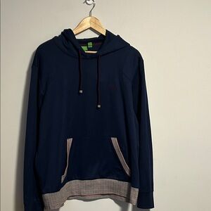 Classic Navy BOSS Hoodie with Contrast Herringbone Trim
